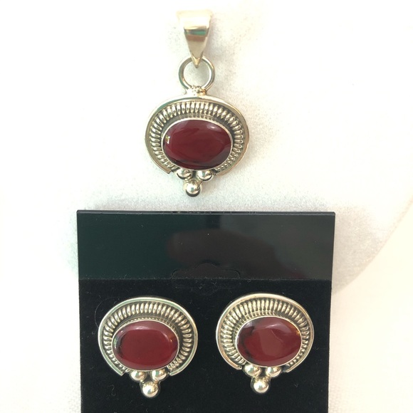 Red Sterling Silver Earring Pendant Set Stamped Mexico 925 - Picture 2 of 7